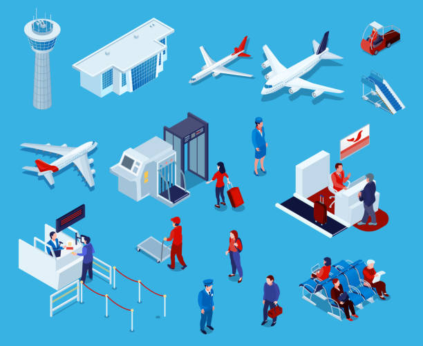 isometric airport set Airport isometric icons set of reception and passport check desk waiting hall control tower ladder isolated vector illustration airport stock illustrations