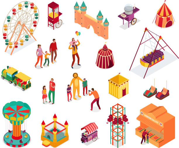 Set of isometric amusement park elements with visitors street food...