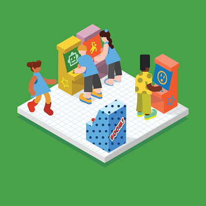 Isometric Arcade Machines with People Playing Games - Video Game Place - Fun Times After Work
