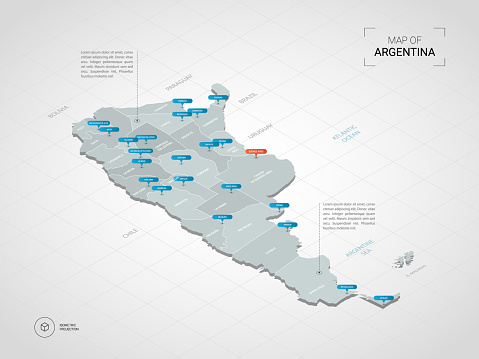 Isometric Argentina map with city names and administrative divisions.