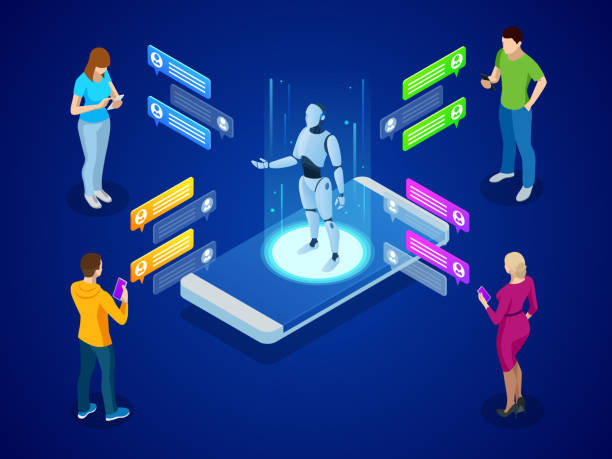 Isometric artificial intelligence. AI and business IOT concept. Mans and women chatting with chatbot application. Isometric artificial intelligence. AI and business IOT concept. Mans and women chatting with chatbot application chatbot stock illustrations