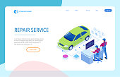 Isometric auto repair service station. Workers in car service tire service and car repair vector illustration.