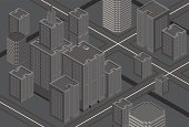 An isometric black city with roads and skyscrapers. A lot of different tall builings with a lot of floors and windows. Monocolor, desaturated and simple.