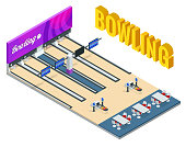 Isometric Bowling Center Interior with Game Equipment. Vector Bowling Alley for Game and Party. Flat vector isometric illustration