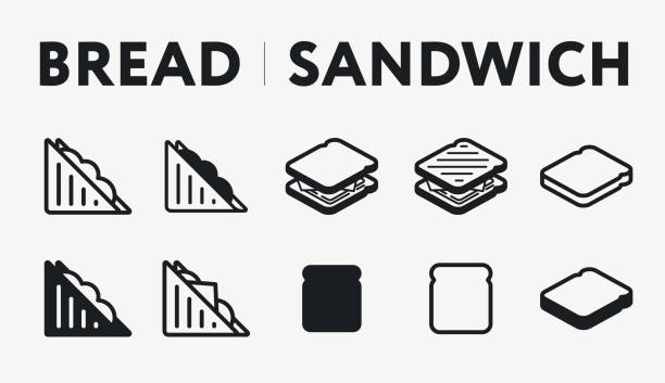 ilustraciones, imágenes clip art, dibujos animados e iconos de stock de desayuno isométrico de tostadas de pan. sandwich triángulo. comida rápida. conjunto de iconos de línea vectorial plana. - sandwich
