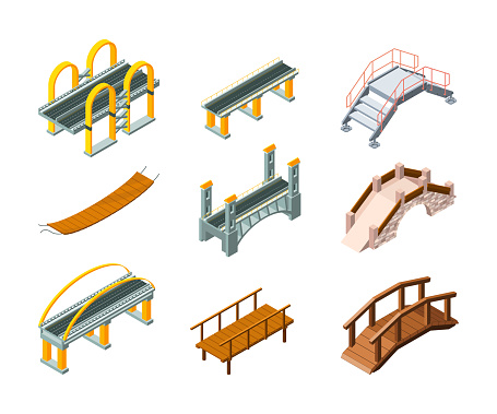 Isometric bridges. Urban architectural objects highway for automobiles and railway across water park bridges vector illustrations set. Modern bridge suspension, infrastructure of traffic connection