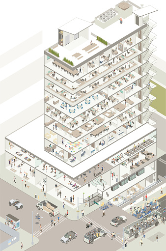 Highly detailed illustration of a 10-story commercial building cutaway has its walls removed to show the interior lobby, coffee shop, retail clothing store, bank with ATMs, gym, medical offices, daycare, architecture studio, open floor plan offices, cafeteria, training room, cubicles, and top-floor conference room and offices. Roof details and basement floors are also included, along with cutaway cars, bus, and subway transportation. Dozens of unique people can be seen. Vector illustration presented in isometric view. All representations are fictitious; no specific manufacturers, companies, or people are represented in this illustration.