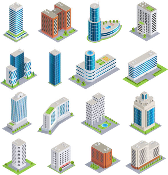 isometric  building set Set of isometric buildings including modern skyscrapers from glass and concrete and multistory houses isolated vector illustration modern building stock illustrations