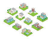 Isometric Buildings. Vector illustration. Hospital, School, Bank, Museum, Cafe, Police, Bakery, City Mall, Library, Factory.