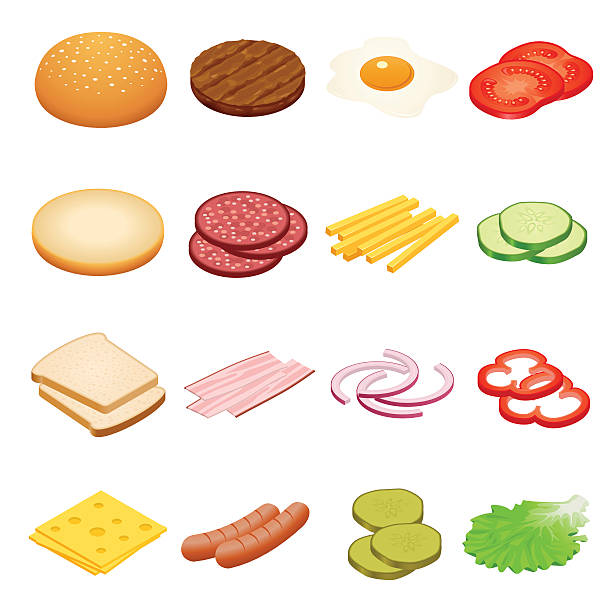 Isometric Burger ingredients set Burger isometric. Burger ingredients on white backgrounds. Ingredients for burgers and sandwiches. Fried egg, onions, beef, cheese, cucumbers and other elements to build custom burger. Tasty snack sandwich designs stock illustrations