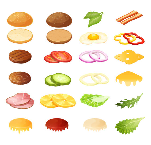 illustrations, cliparts, dessins animés et icônes de illustration isométrique de vecteur de constructeur de sandwich de hamburger, ingrédients de menu de dessin animé 3d pour l’icône de hamburger ensemble isolement sur le blanc - faire part
