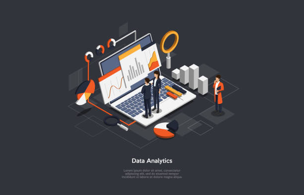 satış ve operasyon veri istatistikleri grafiklerini ve anahtar performans göstergeleri kavramını gösteren isometrik i̇ş veri analizi süreç yönetimi veya istihbarat panosu. - data center stock illustrations
