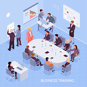 Business experts and employees during corporate training, office interior elements on blue background isometric vector illustration