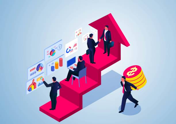Isometric business group working on rising arrow vector art illustration