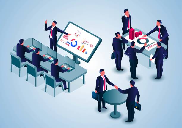 Isometric business meeting, group of businessmen working around desk in office vector art illustration