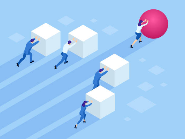 Isometric Business people pushing cubes. Winner easily moving the cube. Winning strategy, efficiency, innovation in business concept. Isometric Business people pushing cubes. Winner easily moving the cube. Winning strategy, efficiency, innovation in business concept pushing stock illustrations