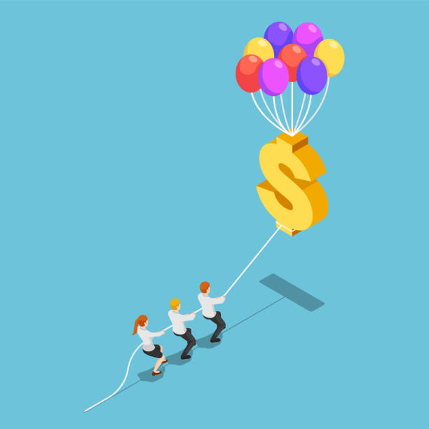 Isometric business team pulling floating dollar sign with balloon Flat 3d isometric business team pulling floating dollar sign with balloon. Inflation rate and financial concept. inflation stock illustrations
