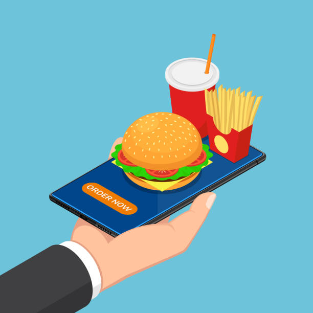 illustrations, cliparts, dessins animés et icônes de main d’homme d’affaires isométrique sur smartphone avec restauration rapide - eating burger