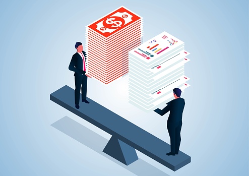 Isometric businessman holding thick documents and another businessman holding thick banknotes standing on seesaw for balance, income and workload balance, how much work you get how much