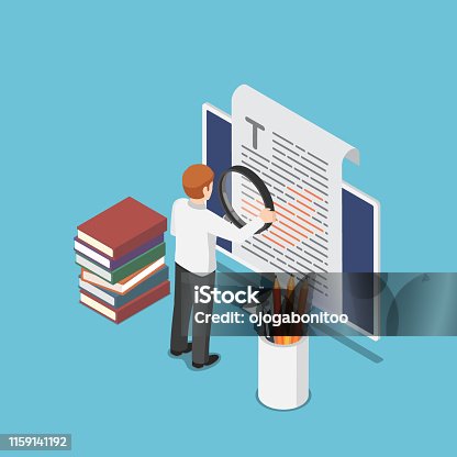 istock Isometric businessman proofreading a document on pc monitor 1159141192