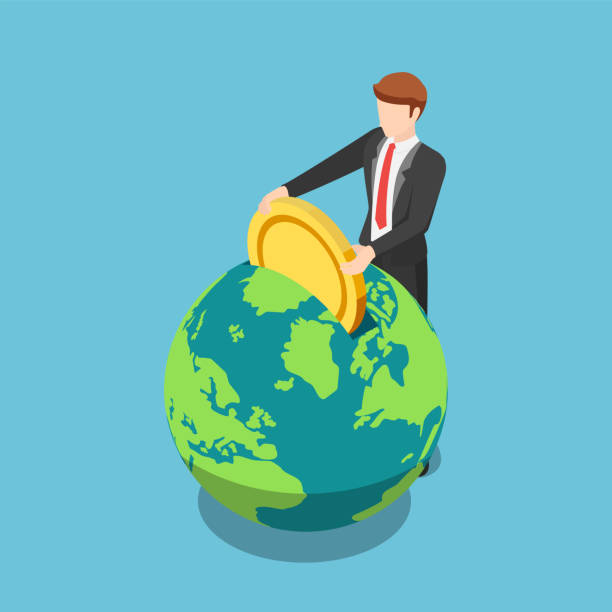 Isometric businessman put golden coin into the world Flat 3d isometric businessman put golden coin into the world. Global investment and financial concept. global currency stock illustrations