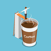 Flat 3d isometric businessman ready to jump into a cup of coffee. Coffee break concept.