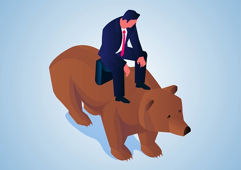 Isometric businessman sitting on chest and walking down, bear market, stock market and economic recession