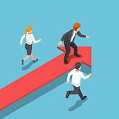 Flat 3d isometric businessman standing on red arrow at leader position. business success and leadership concept.