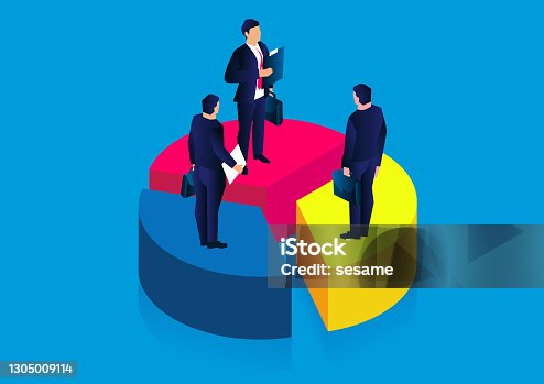 istock Isometric businessmen standing separately on a segmented pie chart, the concept of market profit and market share 1305009114