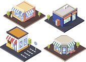 Isometric cafes, shop and supermarket with awnings.
