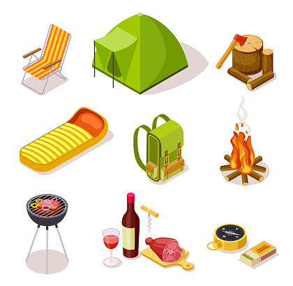 Isometric camping. Summer picnic with fireplace, tourism equipment and tent surrounded by forest trees. 3d vector isometric set
