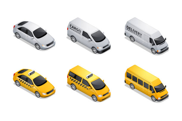 illustrazioni stock, clip art, cartoni animati e icone di tendenza di icone isometriche dell'auto isolate su bianco - taxi