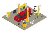 Isometric Car Maintenance Vehicles Diagnostics and Repair Service. Car service Car Engine