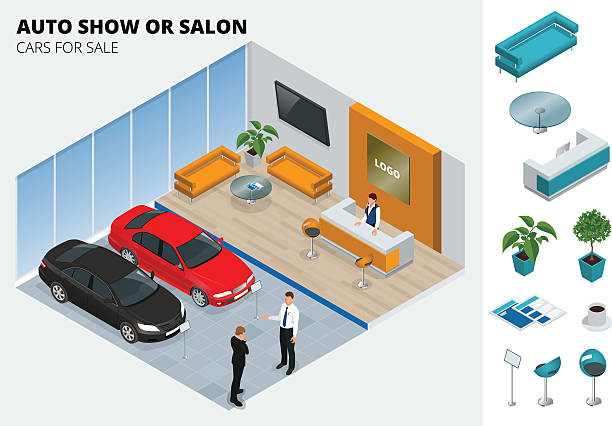 isometric cars stand in car shop - car dealership stock illustrations