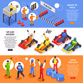 Isometric carting horizontal banners set with human characters of cart racers with carts helmets and course vector illustration