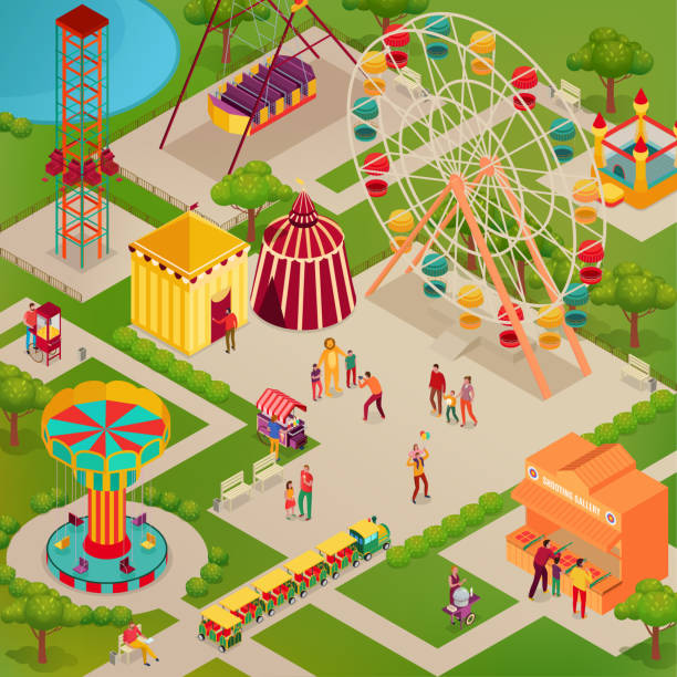 Amusement park with circus and various attractions street food adults...