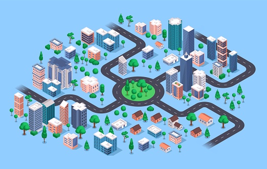 Isometric city. Modern urban cityscape with buildings, apartment houses, skyscrapers, roads, streets, trees, stores. 3d vector navigation map