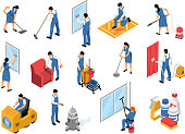 Cleaning service isometric icons set with professional industrial vacuuming furniture carpets refreshing stain removing isolated vector illustration