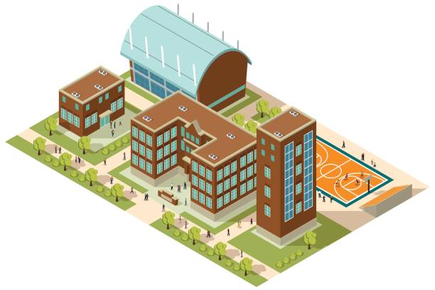 Isometric College Campus A vector illustration of Isometric College Campus with Buildings and Soccer Field college campus stock illustrations