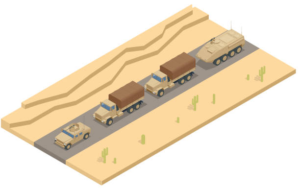 isometric column of military equipment rides on the road. military army vehicle isolated military heavy truck on white background - 防地雷反伏擊車 幅插畫檔、美工圖案、卡通及圖標