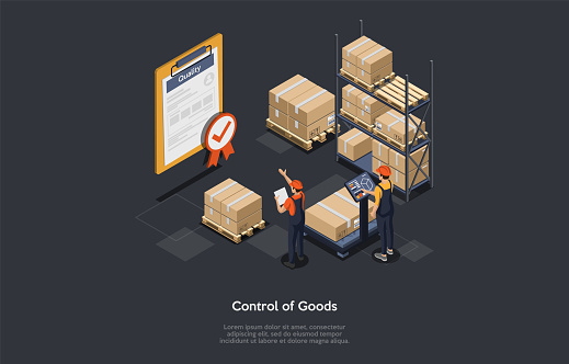3D Isometric Composition. Vector Cartoon Illustration With Text. Control Of Goods Conceptual Design. People Working In Warehouse. Cardboard Boxes, Parcels, Big Paper With Quality Approval Writing.