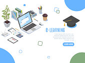 istock Isometric concept for distance learning or online education 1364549226
