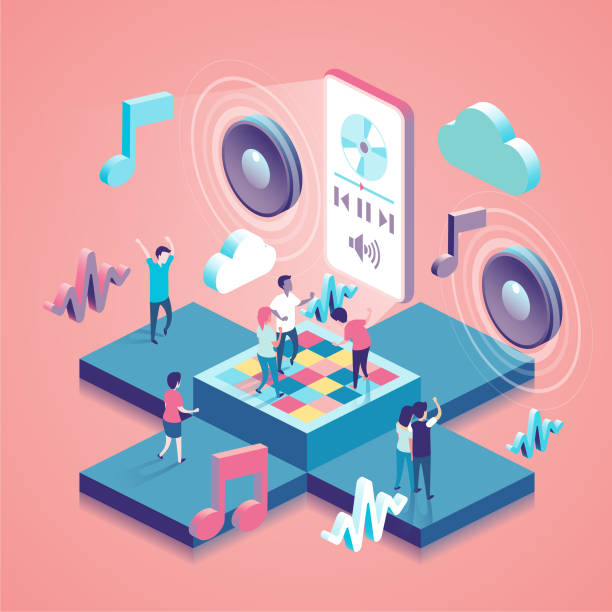 isometric concept illustration with people Music isometric concept illustration with people music and entertainment icons stock illustrations
