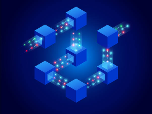Isometric concept of quantum computers, blockchain, IT technology or coding. Information blocks in cyberspace. Decentralized network. Vector illustration Isometric concept of quantum computers, blockchain, IT technology or coding. Information blocks in cyberspace. Decentralized network. Vector illustration. blockchain stock illustrations