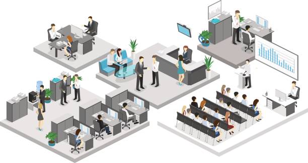 Isometric conference hall, offices, workplaces, director of the office interior Isometric flat 3d abstract office floor interior departments concept vector. conference hall, offices, workplaces, director of the office interior military clipart stock illustrations