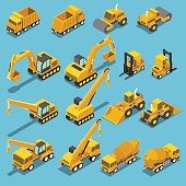 Flat 3d isometric construction transport icon set include excavator, crane grader, cement mixer truck, road roller, forklift, bulldozer