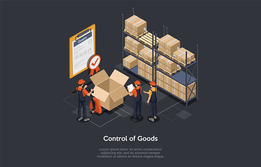 Isometric control of goods concept. Warehouse workers are checking goods, certificate of quality with checkmark for stock quality, quality control of cardboard parcel boxes, process of packaging cargo
