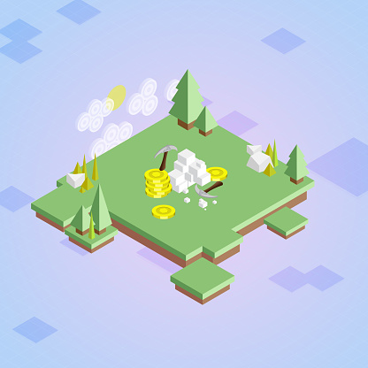 Isometric Crypto Mining - Cryptocurrency Video Game Concept