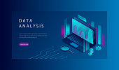 Isometric Data Analysis and Corporate Strategy Concept. Landing Page Template Of Process Of Data Analysis. Vector Illustration.
