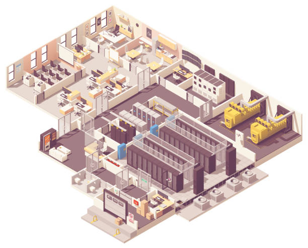 Isometric data center interior Vector isometric data center. Server room with hot and cold aisle containment, generator, UPS and battery rooms, CRAC unit with compressor, Network operations center and other equipment office drawings stock illustrations